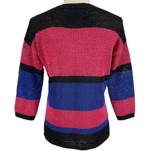 Jones New York Signature Striped 3/4 Sleeve Open Knit Sweater Womens Petite S - Picture 2 of 13